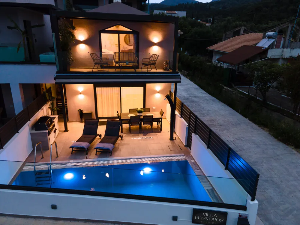 The villa at dusk